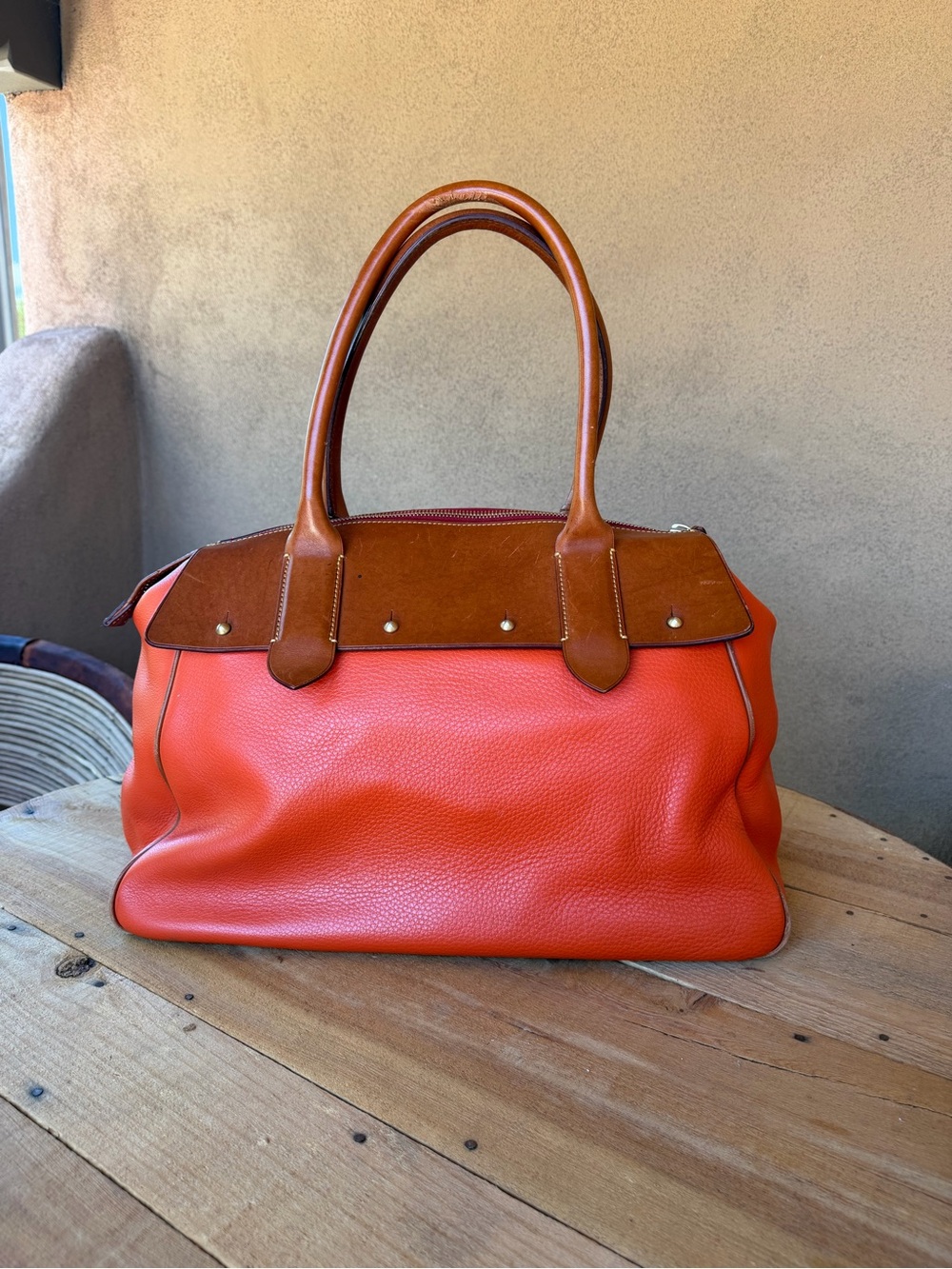 Dooney & Bourke Large Pebble Grain Leather Satchel Weekender Coral Orange Tan - Picture 2 of 15